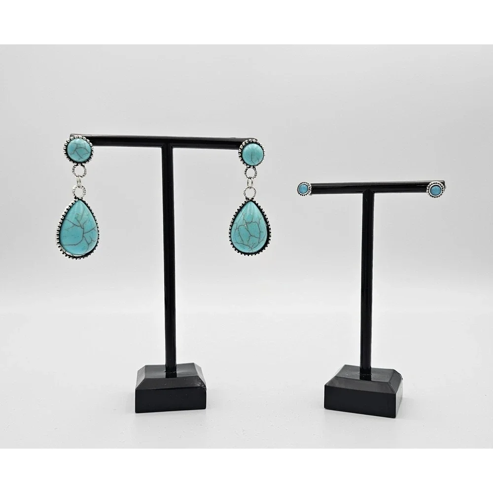 SILVER TONE TURQUOISE TEARDROP DANGLE &‎ STUD EARRING SET Boho Western Pair